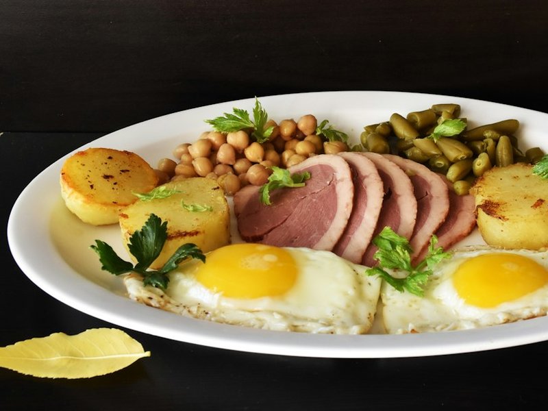 Pommes de terre sautées, jambon et œufs au plat